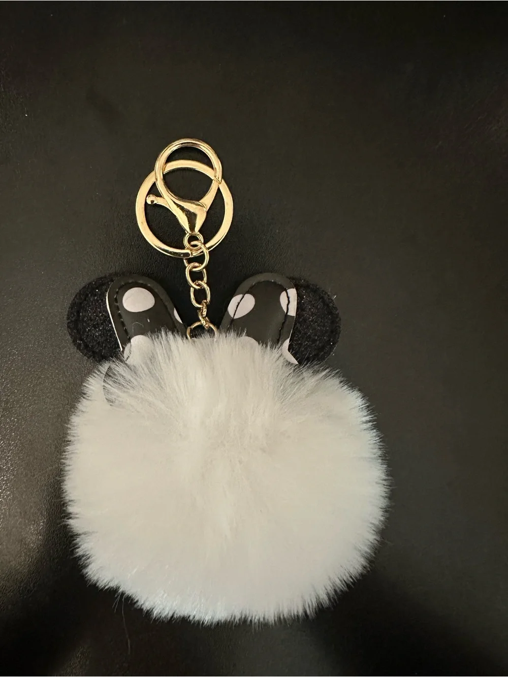 White Faux Fur Pom Pom Keychain/bag charm with Black Ear Accents